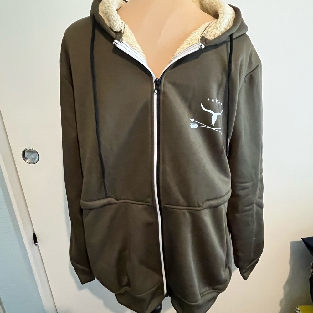 Olive Green Zip-Up Hoodie Sherpa Lining large unisex men’s women’s new longhorn